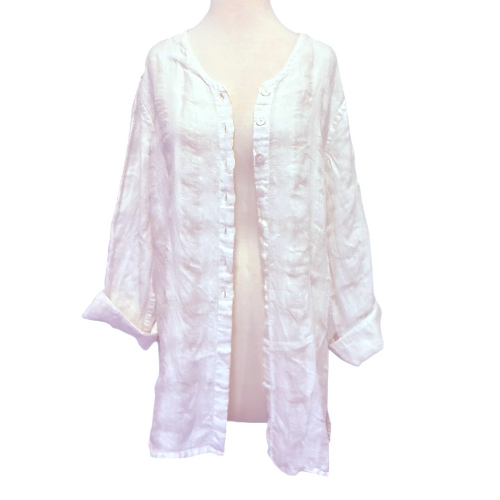 Flax White Textured Linen Button Down Long Sleeve Blouse Tunic Cover Up Medium
